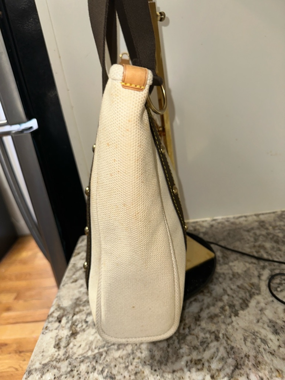 Louis Vuitton Cream Canvas Tote with Dark Brown Straps and Gold Plaque PRE-OWNED - Picture 5 of 17